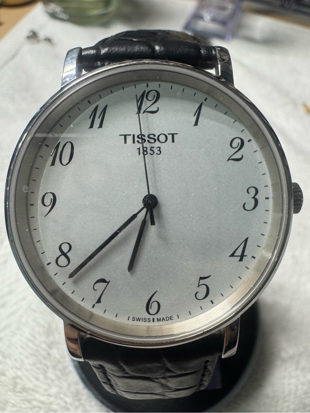 Tissot Silver Case White Dial Watch with Black Leather Strap